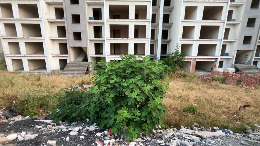 Abandoned public houses behind little fig tree in Istanbul, Turkey. (4K video)