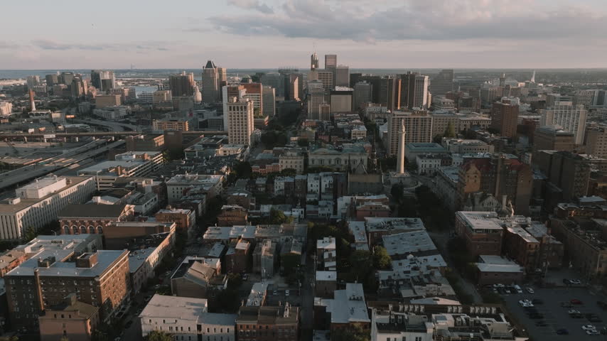 Aerial view of Downtown Baltimore at sunset