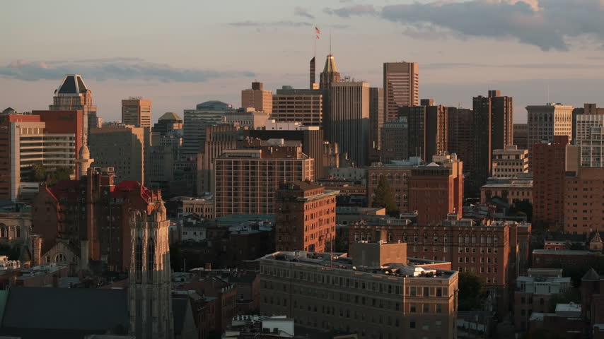 Aerial view of Downtown Baltimore at sunset