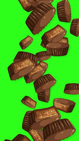 Animated chocolate candies and peanut butter cups fall vertically against a bright green screen background.