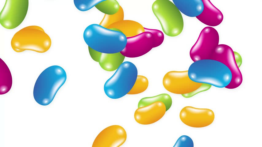 Vibrant assorted jelly beans fall and bounce across a clean white background in slow motion.