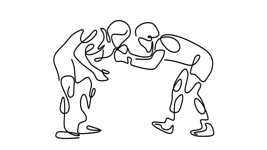 Animated self drawing of continuous line draw of Wrestling Match Line   . Full length one line animation. 4K	