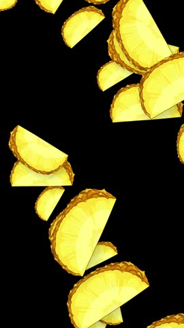 Sliced pineapple pieces fall and rotate through a vertical frame against a black background.
