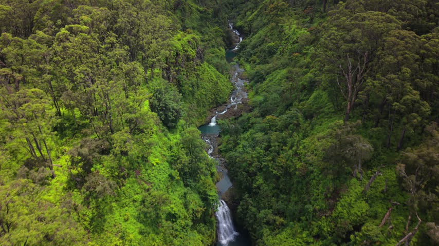 Aerial view of tiered waterfalls cascading through a deep tropical gorge on Maui Hawaii island near the road to Hanna USA with vivid green rainforest canopy and clear turquoise pools below.