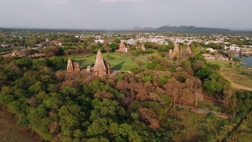 Aerial view of the historic khajuraho temples, a unesco world heritage site in madhya pradesh, india.