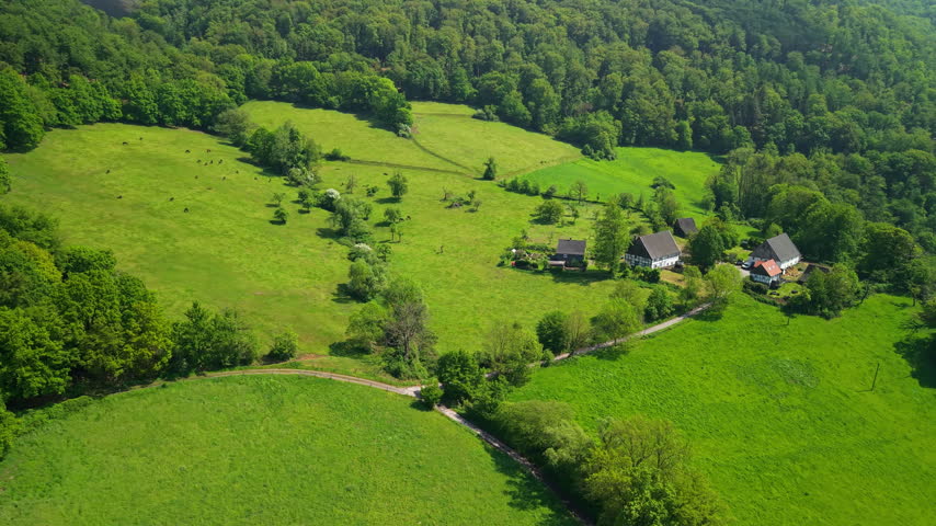 Aerial view of a typical German town nestled in a lush green valley with wooded hills, river and open meadow.