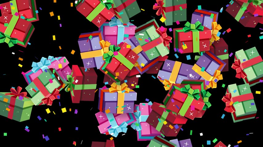 3D animated wrapped gift boxes and colorful confetti falling against an isolated black background.