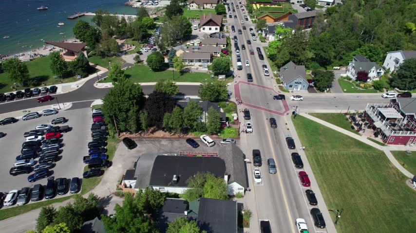 Birds Eye downtown Aerial Sister Bay in Door County Wisconsin in the summer time near the water.  