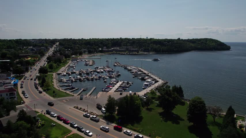 Aerial Sister Bay in Door County Wisconsin in the summer time near the water.  