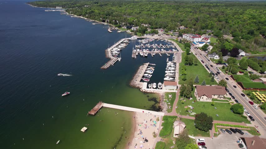 Approach pier and marina Aerial Sister Bay in Door County Wisconsin in the summer time near the water.  