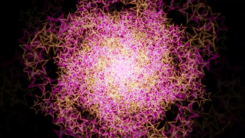 Abstract vortex of glowing magenta and golden stars spiraling into a deep center. Vibrant motion graphic background with neon star shapes for cosmic, fantasy, or celebration themes.