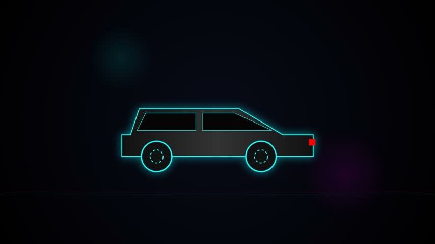 Neon car glowing with blue light in a dark futuristic environment, showcasing modern vehicle design and digital animation graphics for creative projects and automotive concepts