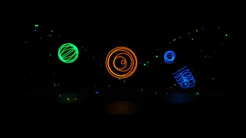 Neon wireframe spheres and coil shapes moving in dark space animated glowing structures of and spiral coils 4K video