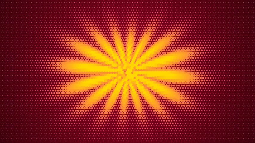 Abstract dark red background with a rotating yellow halftone starburst. This seamless retro pop art motion graphic loop is perfect for dynamic comic book video designs.