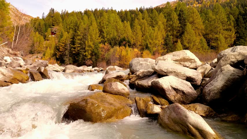 Water flows rapidly over large rocks in a mountain river. Evergreen and autumn trees cover the hills in the background.