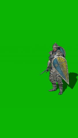 3d animation of medieval knight fighting with swords and shield isolated on green screen