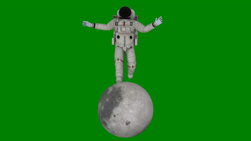 A man in an astronaut suit standing on the moon and is green screen top of colorful motion cartoonish