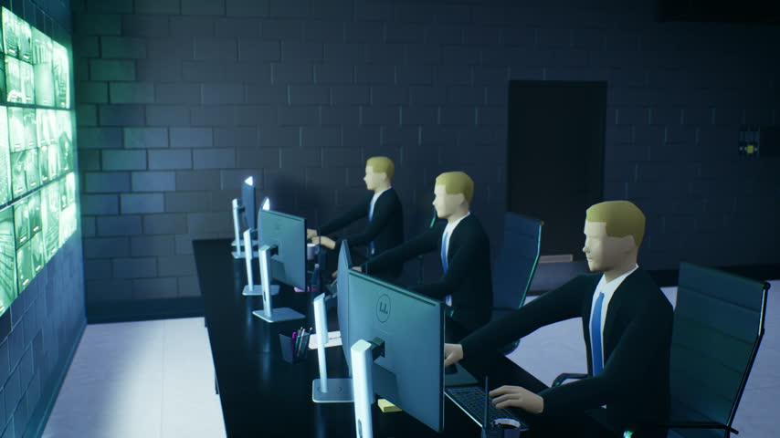 Low poly security team monitoring video surveillance wall