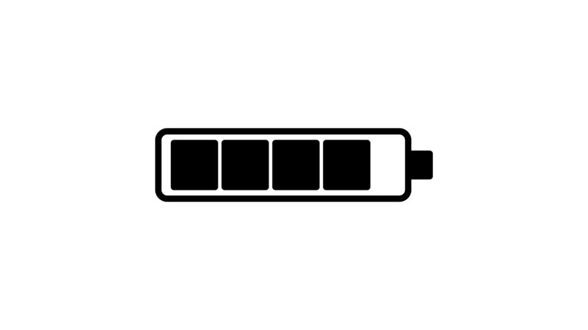 Flat animated black battery icon displaying power charge level isolated on a plain white background.