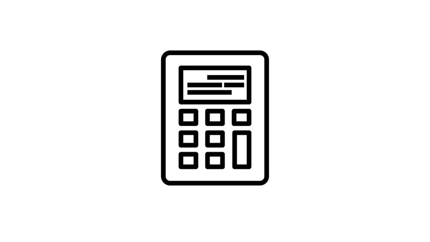 Simple black line art animation of a calculator icon isolated on a white background, symbolizing math, accounting, and finance.