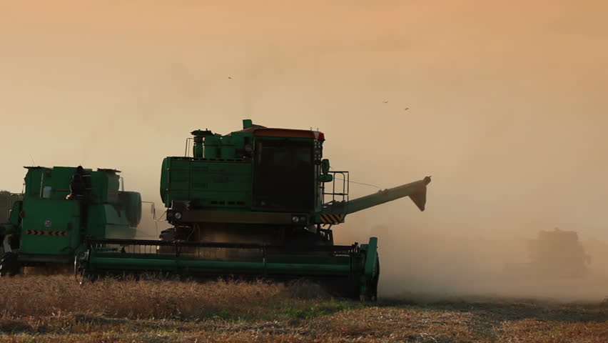 Summer. Harvesting. Harvesters moves on the field. Harvester the foreground