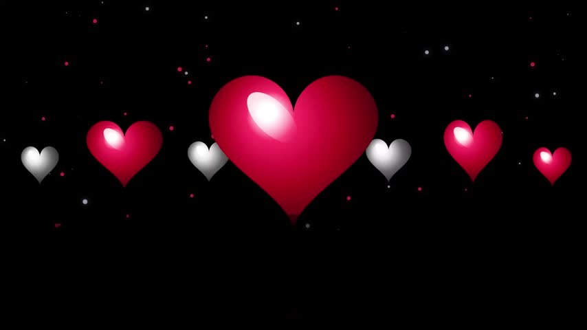 A row of glossy red and silver hearts with decorative sparkles
