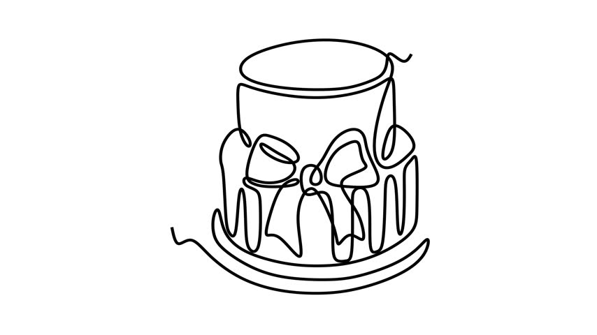 Animated self drawing of continuous line draw of Line Art Cake with Bow. Full length one line animation. 4K	