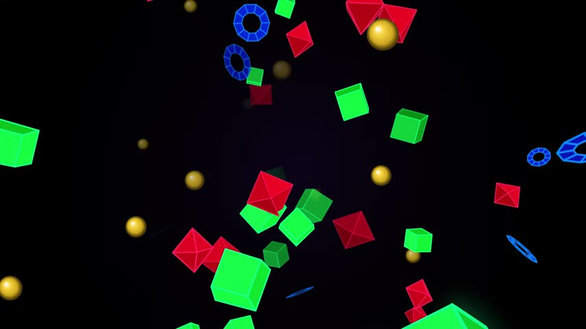 Animation of assorted colorful 3D geometric objects such as cubes and pyramids floating slowly in a dark space