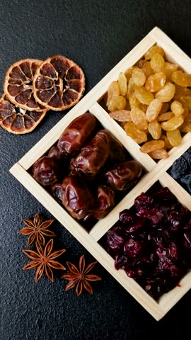 Dried fruits and berries, cranberries, dates, and raisins for a healthy diet. Dried berries and fruits