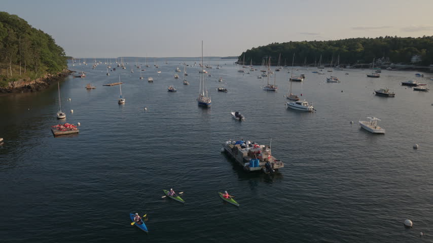 flying back low over boats in Rockport Marine Park in Maine