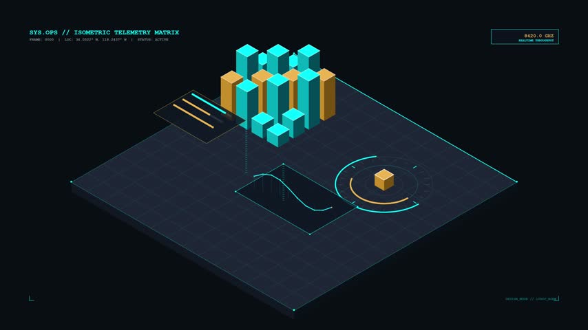 This animated digital dashboard displays a glowing three dimensional interface against a dark background with blue and gold elements. Multiple geometric bar charts fluctuate dynamically while line graphs and circular meters update in real time. The minimalist composition features thin grid lines and cybernetic telemetry graphics providing a modern technology aesthetic for software interfaces and futuristic user experiences.
