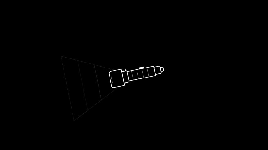 Flashlight illuminates a dark space with a geometric beam shown in minimalist line animation
