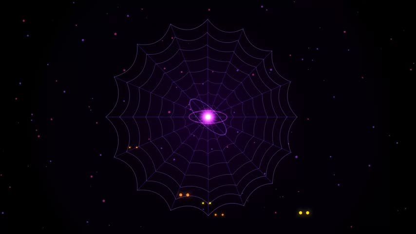 Abstract digital illustration of a glowing cosmic star at the center of a spider web structure surrounded by scattered colorful particles in deep space