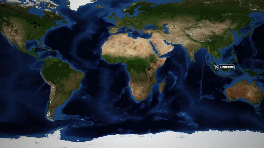 Satellite world map animation follows a plane icon traveling from Singapore to New York City