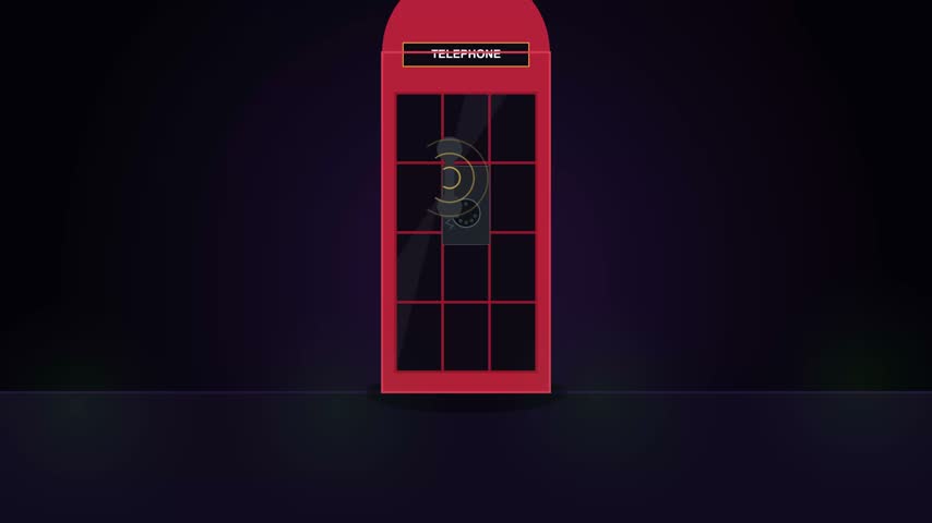 A vibrant red telephone booth stands against a dark background, illuminated by a glowing green light at the top and surrounded by abstract, flowing lines, symbolizing modern communication and connect.