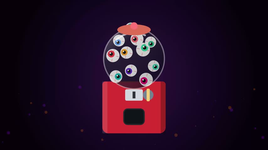 A Halloween-themed gumball machine filled with various colored eyeballs, set against a dark, mysterious background. Perfect for spooky season content.