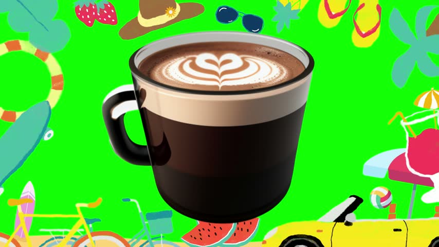 This video showcases three identical mugs of coffee with latte art arranged in a row against a vibrant green backdrop decorated with colorful summer vacation themed illustrations