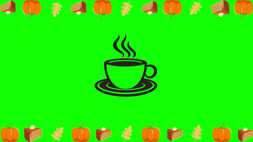 This video shows a vibrant green screen background decorated with repeating patterns of pumpkins, autumn leaves, slices of cake, and stacks of pancakes, interspersed with steaming coffee cup icons
