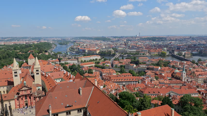 City of Prague from above, capital of Czech Republic. Cityscape with Lesser Town, Hradcany and Old Town, panning to the right.