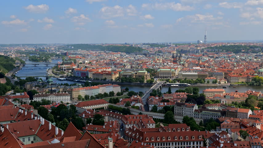 City of Prague from above, capital of Czech Republic. Cityscape with Lesser Town, Old Town and Charles Bridge, panning to the right.
