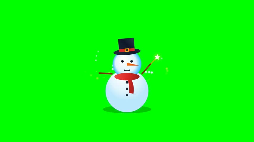 Festive 2D animated snowman wearing a black top hat and red scarf.
