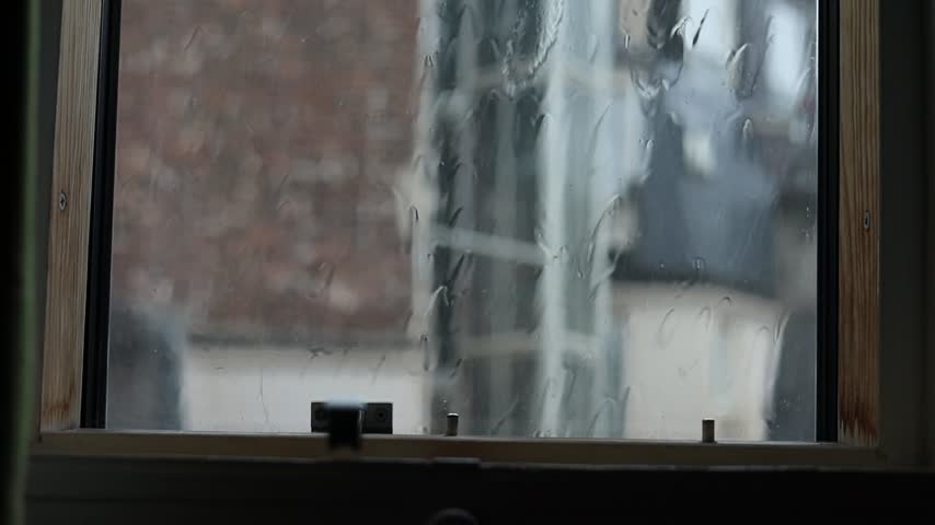 Paris view from the window grey rooftops raining