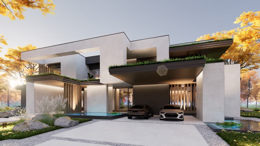 Smooth camera pan shot of a luxury modern flat-roof villa surrounded by golden autumn trees and red Japanese maples. Contemporary 3D architectural animation showing a two-story residential mansion with warm exterior lighting, concrete facade, green roofs, and manicured lawn at golden hour.