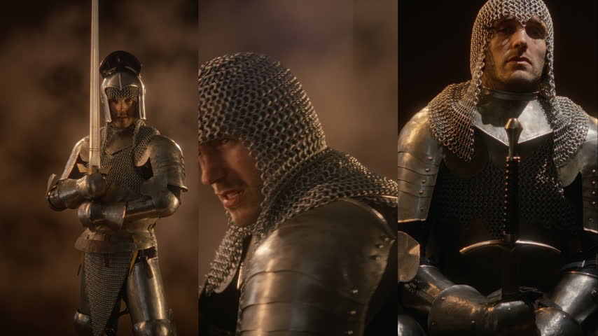 Caucasian young adult man dressed as knight screaming aggressively in steel armor holding sword shown in split screen. Ideal for historical films, fantasy gaming ads, trailers