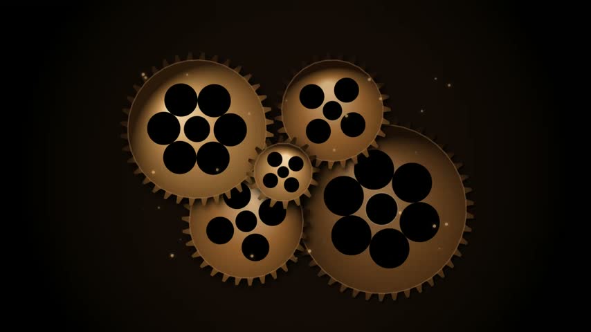 Abstract technological background with rotating metal bronze gears and cogs working together, industrial machinery clockwork concept.