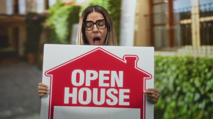 Woman holding red open house sign with hands, mouth open gesture in front of building; open house excitement.