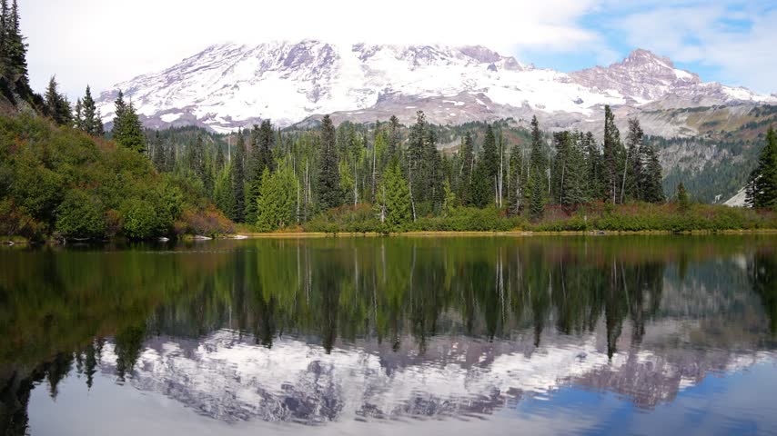 Mount Shuksan rising above an evergreen forest and reflecting across the calm surface of Picture Lake. Snow covered slopes and partly cloudy skies create a scenic alpine setting.