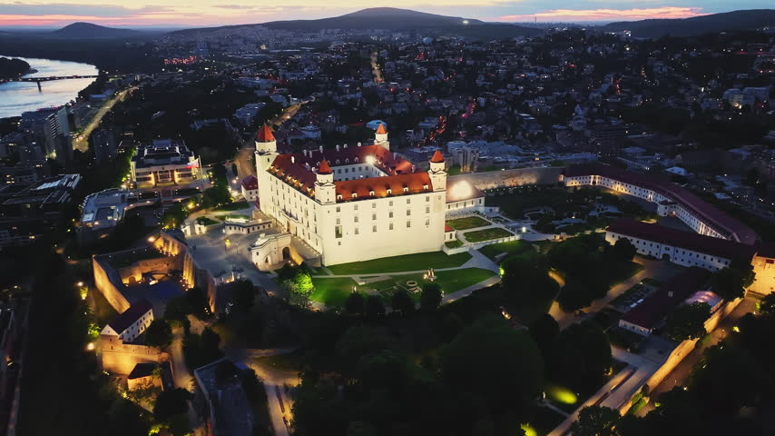 Aerial view of Bratislava Castle at night, a historic landmark in the capital city of Bratislava, Slovakia