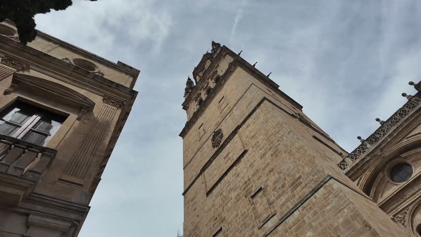 Dynamic handheld shot of the towering Catedral Nueva de Salamanca in Spain, showcasing ornate stone architecture and Gothic details under moody, partly cloudy daylight skies.