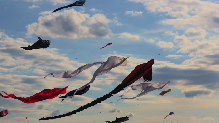 Large colorful kites suspended in a blue sky, illustrating wind, air movement, flight and simple principles of aerodynamics.